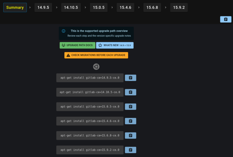 GitLab Upgrade Path Tool upgrade summary.